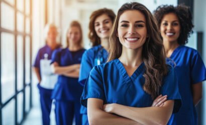 Confident Nurses Standing in Line with Smiles