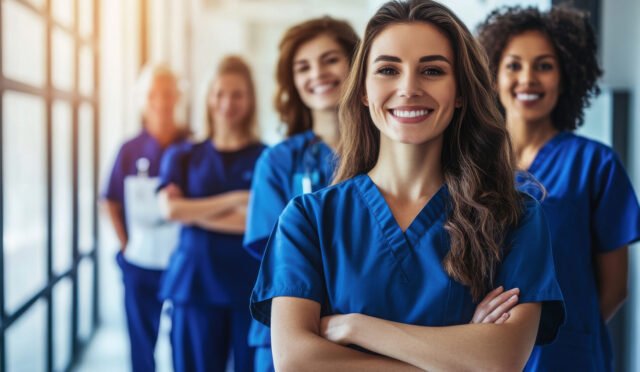 Confident Nurses Standing in Line with Smiles
